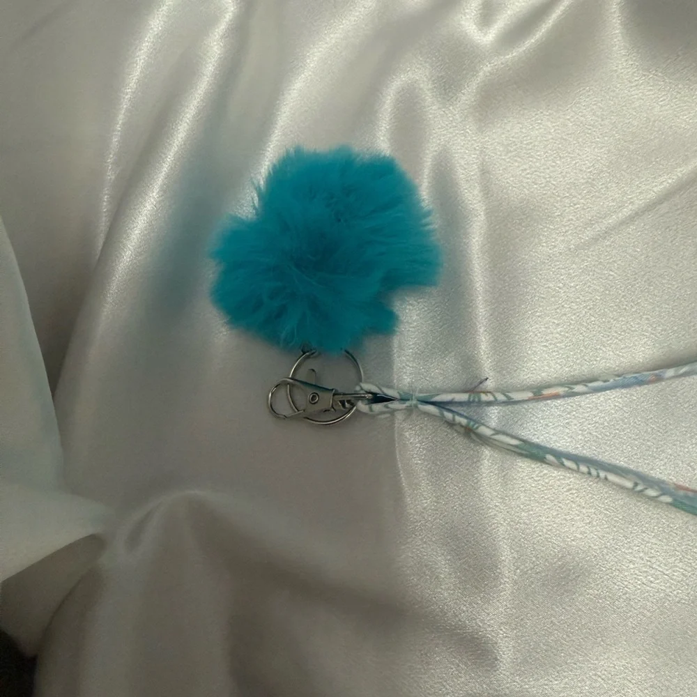 Handmade Green and Blue Daisy Wristlet Keychain with Blue Pompom